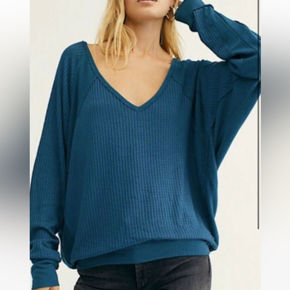 We The Free teal long sleeve vneck waffle knit size S